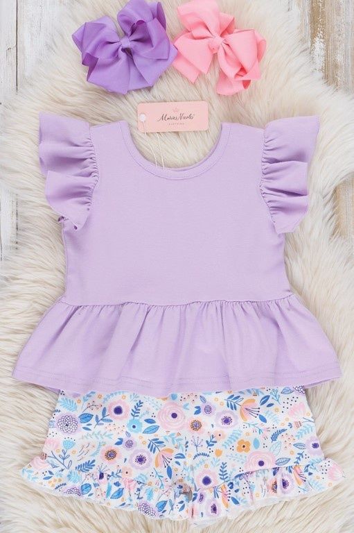 Lilac Floral Ruffle Shorts Outfit, Size: 4T