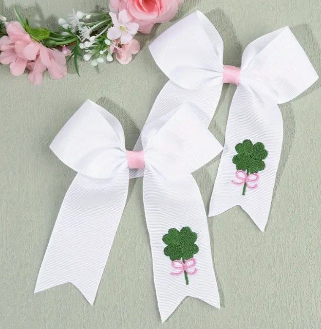 White Embroidered Clover Bow