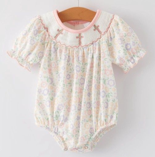 Smocked Floral Cross Bubble, Size: 3/6M