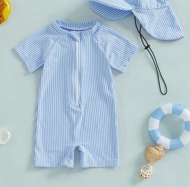 Blue Seersucker SS Swim, Size: 6/9M