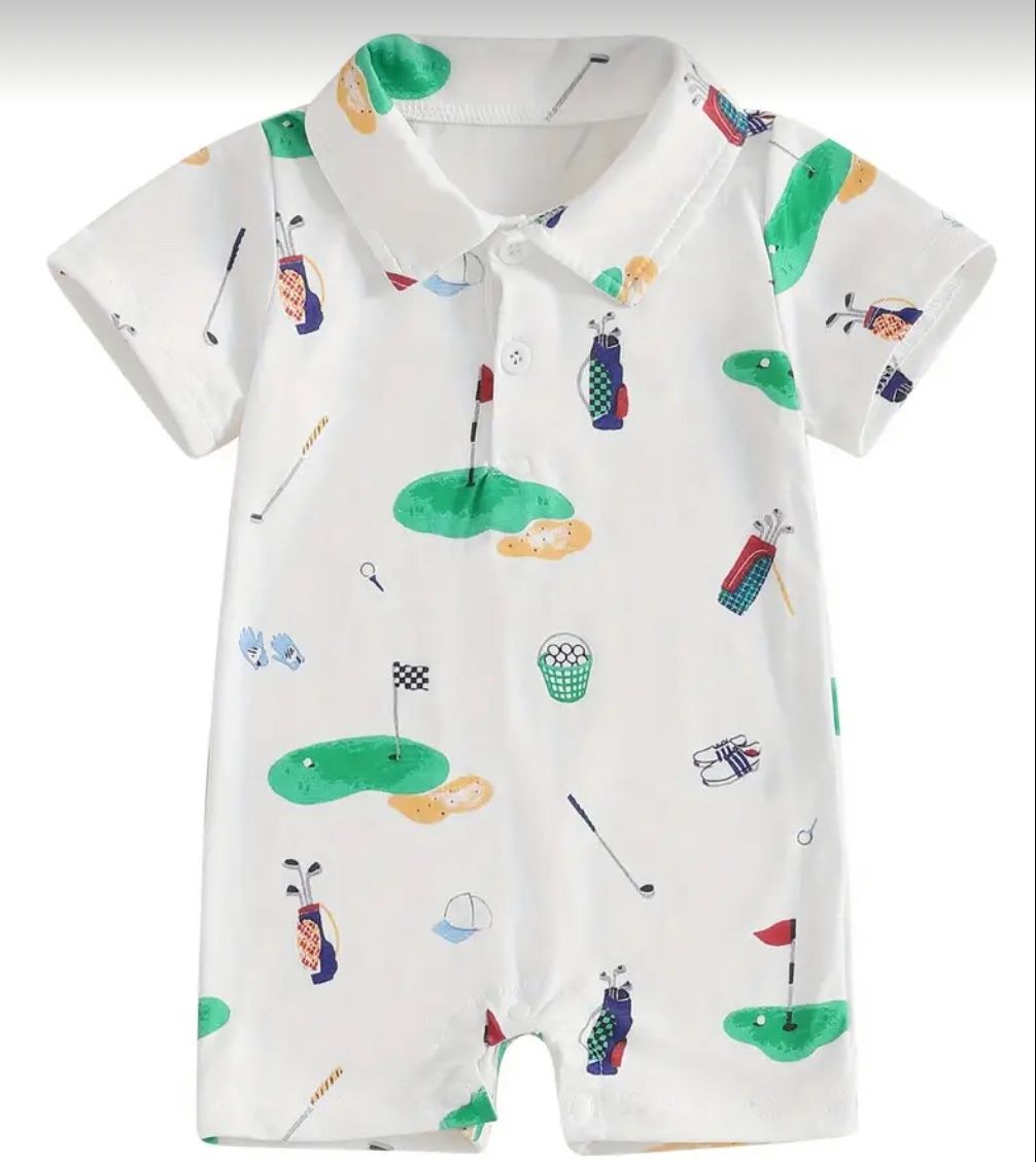White Golf Collated Romper, Size: 0/3M