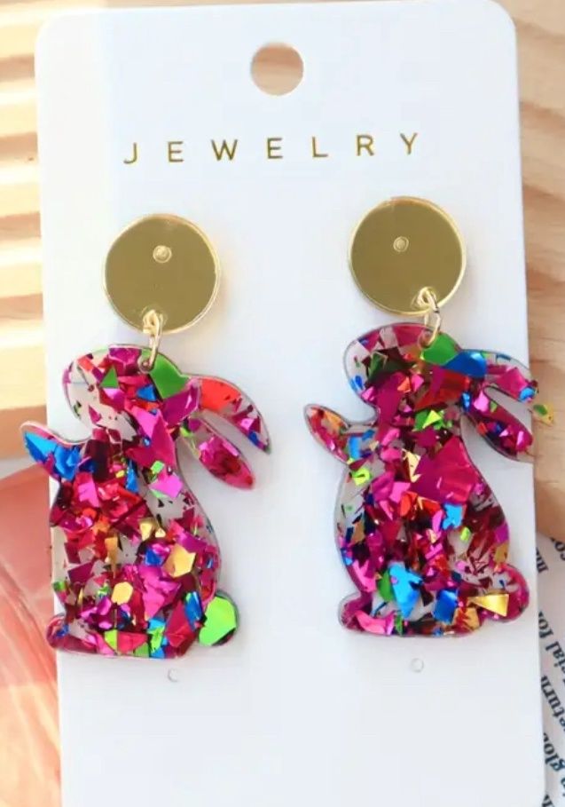 Multicolored Glitter Bunny Earrings