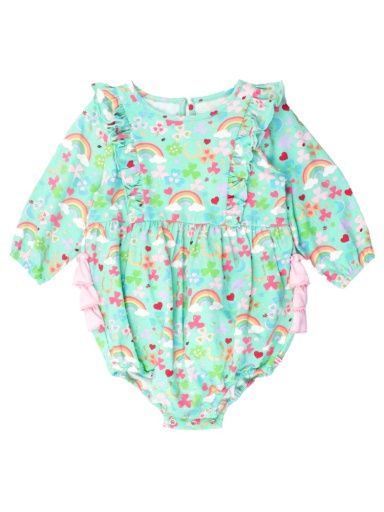 Long Sleeve Waterfall Bubble Romper, Colour: GREEN LUCKY DAY, Season: FALL, Size: 0-3m
