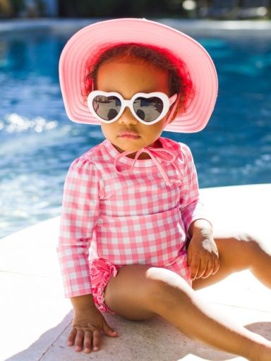 Long Sleeve One Piece Rash Guard, Size: 0-3m, Colour: BUBBLEGUM PINK GINGHAM, Season: SWIM