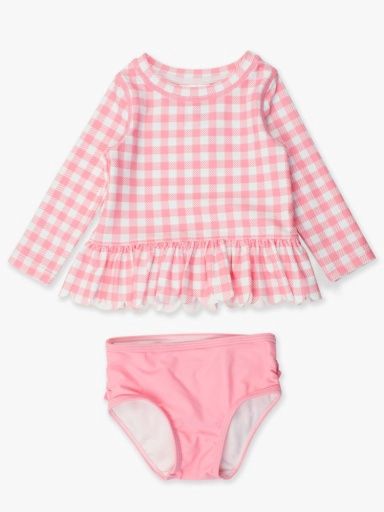 Scalloped Long Sleeve Rash Guard 2-Piece, Size: 2T, Colour: BUBBLEGUM PINK GINGHAM, Season: SWIM