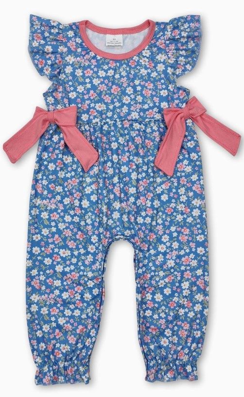 Blue Floral Side Bow Pant Romper, Size: 0/3M