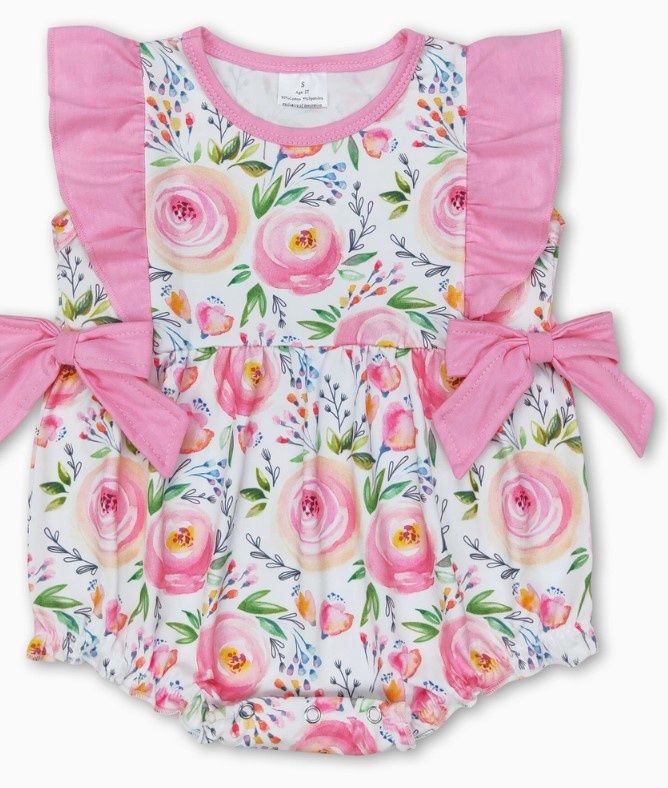 Bright Pink Floral Side Bow Romper, Size: 0/3M