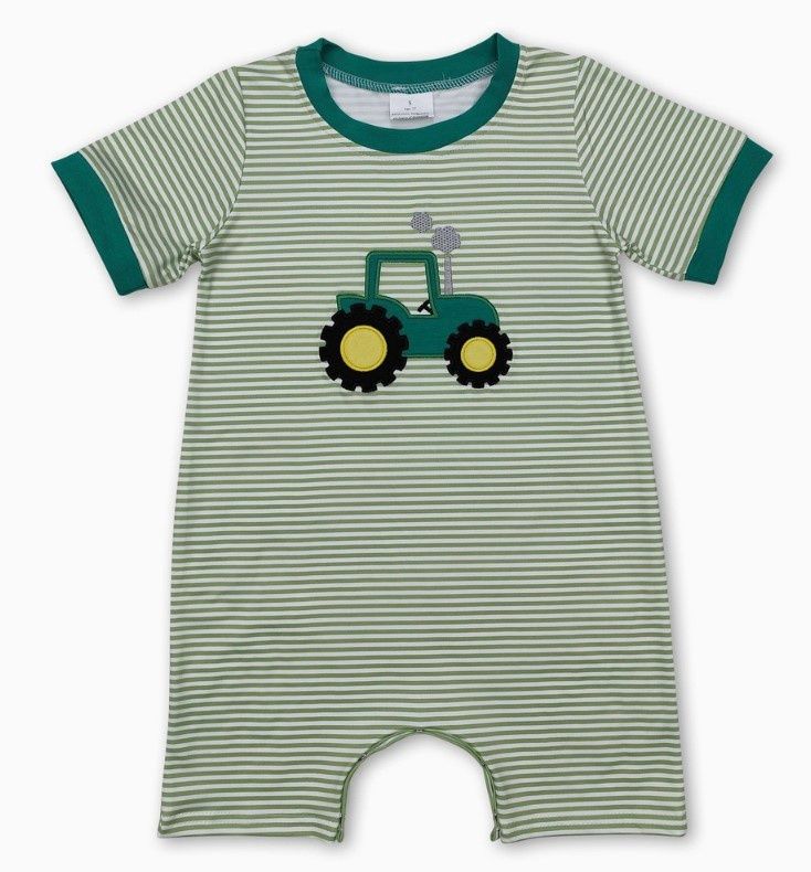 Green Stripe SS Tractor Romper