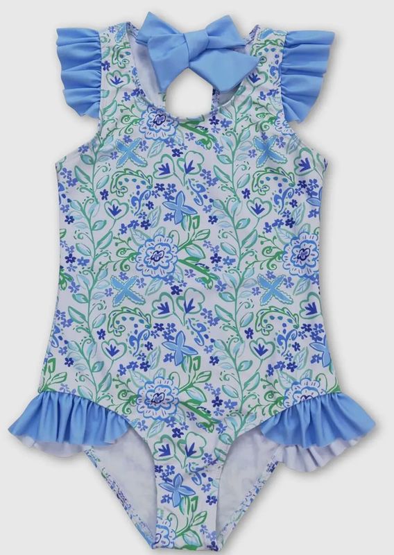 Blue &amp; Green Floral Back Bow Swimsuit