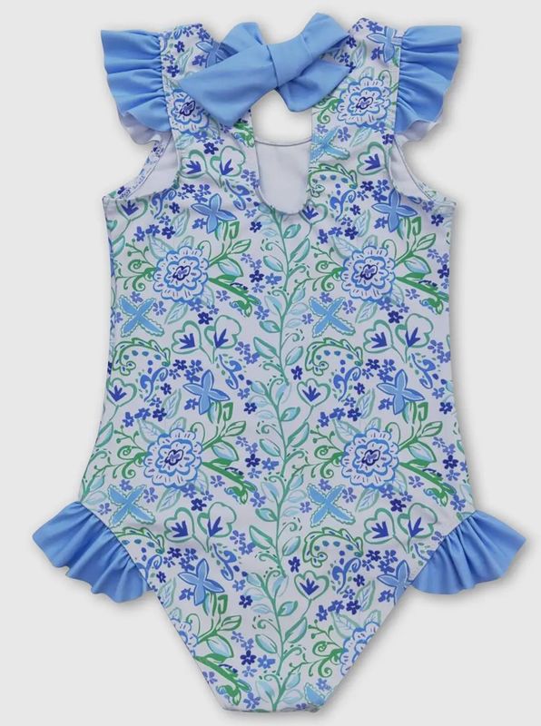 Blue &amp; Green Floral Back Bow Swimsuit