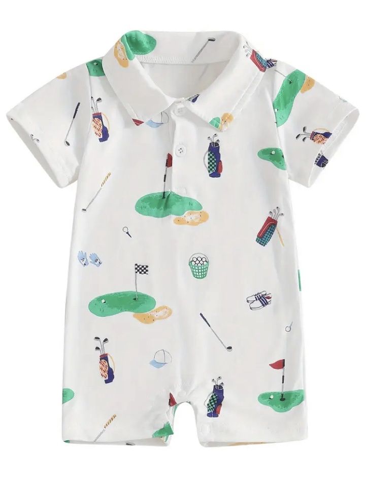 Golf Print Collared Romper, Size: 0/3M