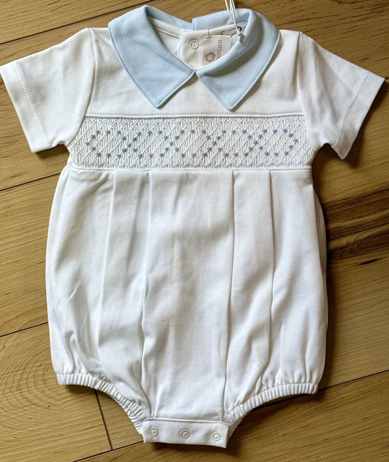 White Blue Pima Smocked Bubble, Size: 3/6M