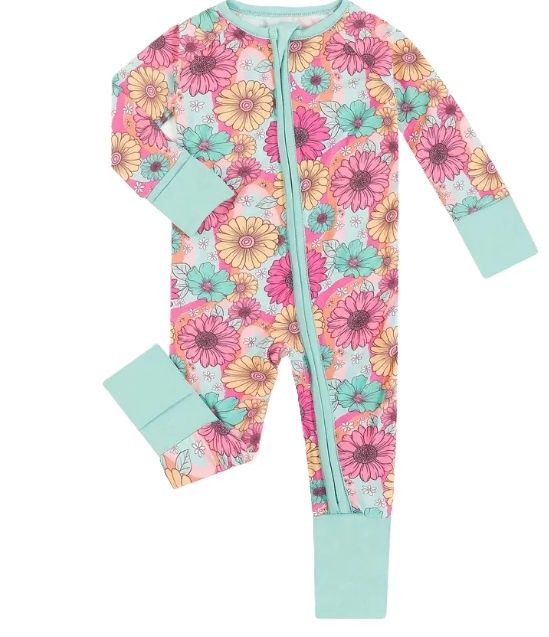 Mint Pink Flower Bamboo Zippy, Size: NB