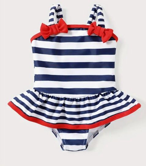 Navy Stripe Red Bow One Piece Suit, Size: 12/18M