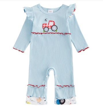 Blue Embd Tractor Ruffle Romper, Size: 0/3M