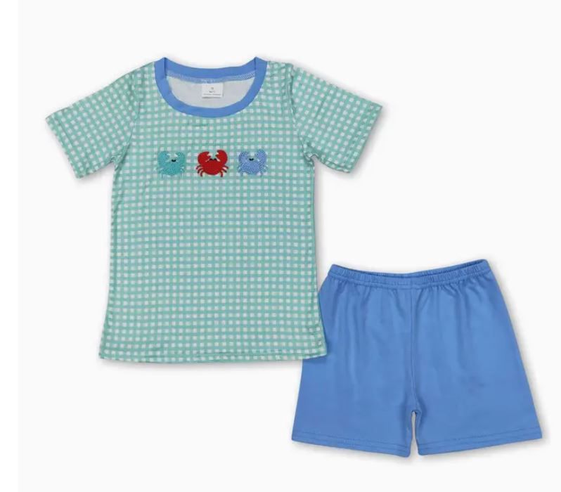 Boys Gingham Trio Crab Set, Size: 2T