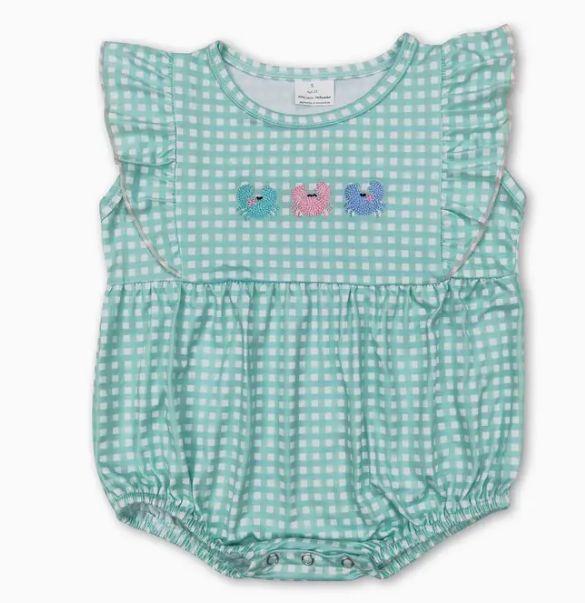 Pink &amp; Aqua Gingham Crab Girls Romper