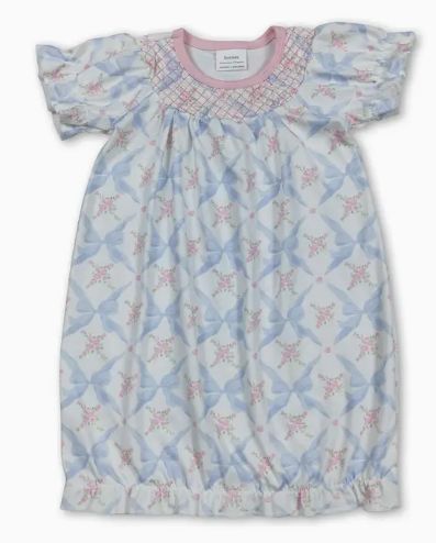 Smocked Blue Bow Baby Gown