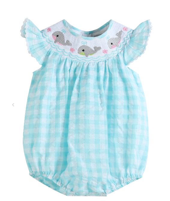 Turquoise Gingham Smocked Whale Romper