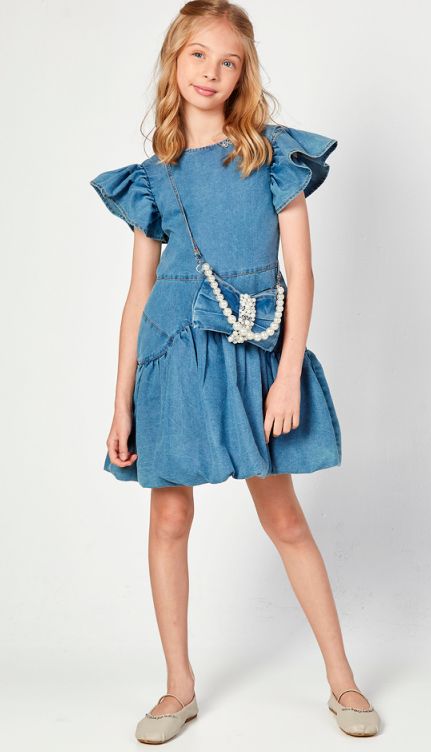 Denim Flutter Sleeve Dress w/ Pearl Bag