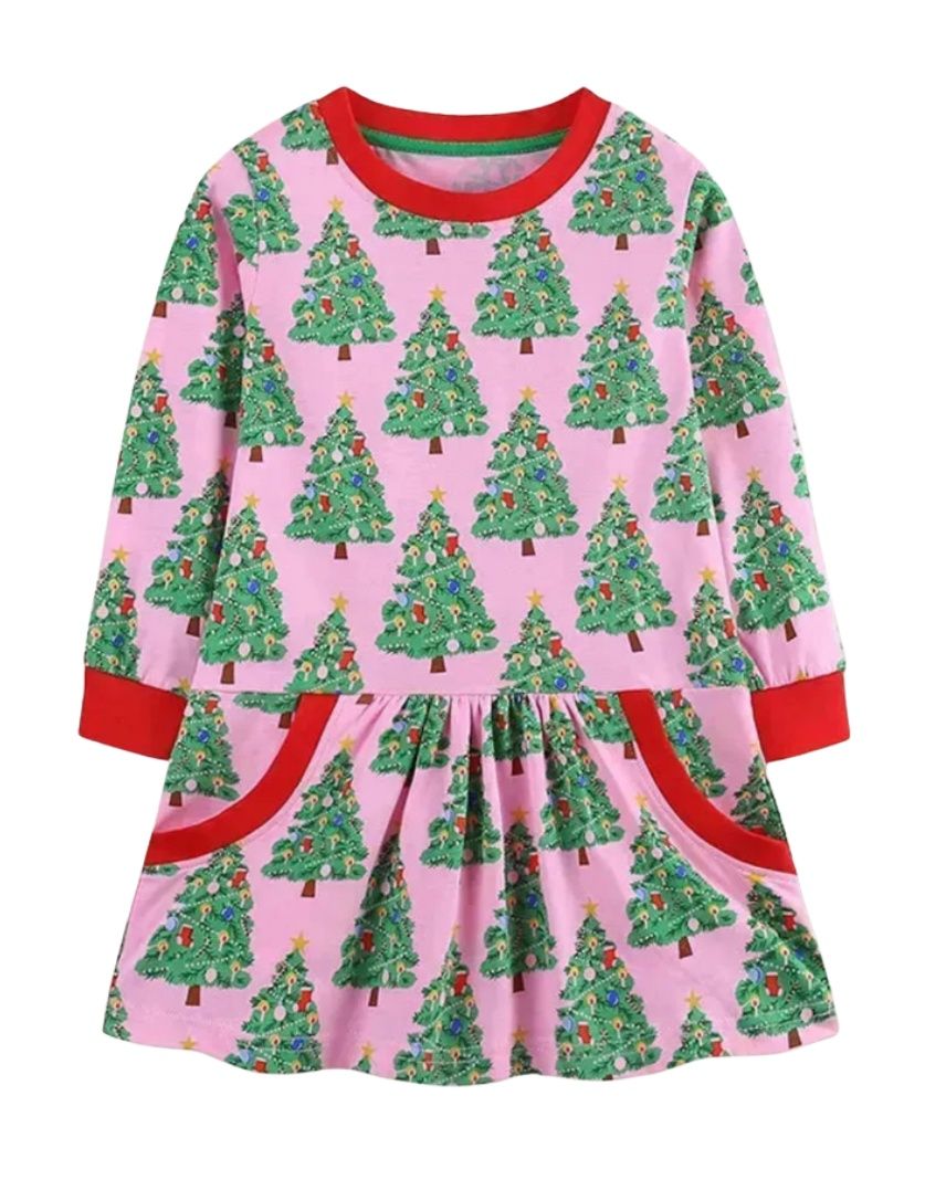 Pink Tree Drop Waist Pocket Dress