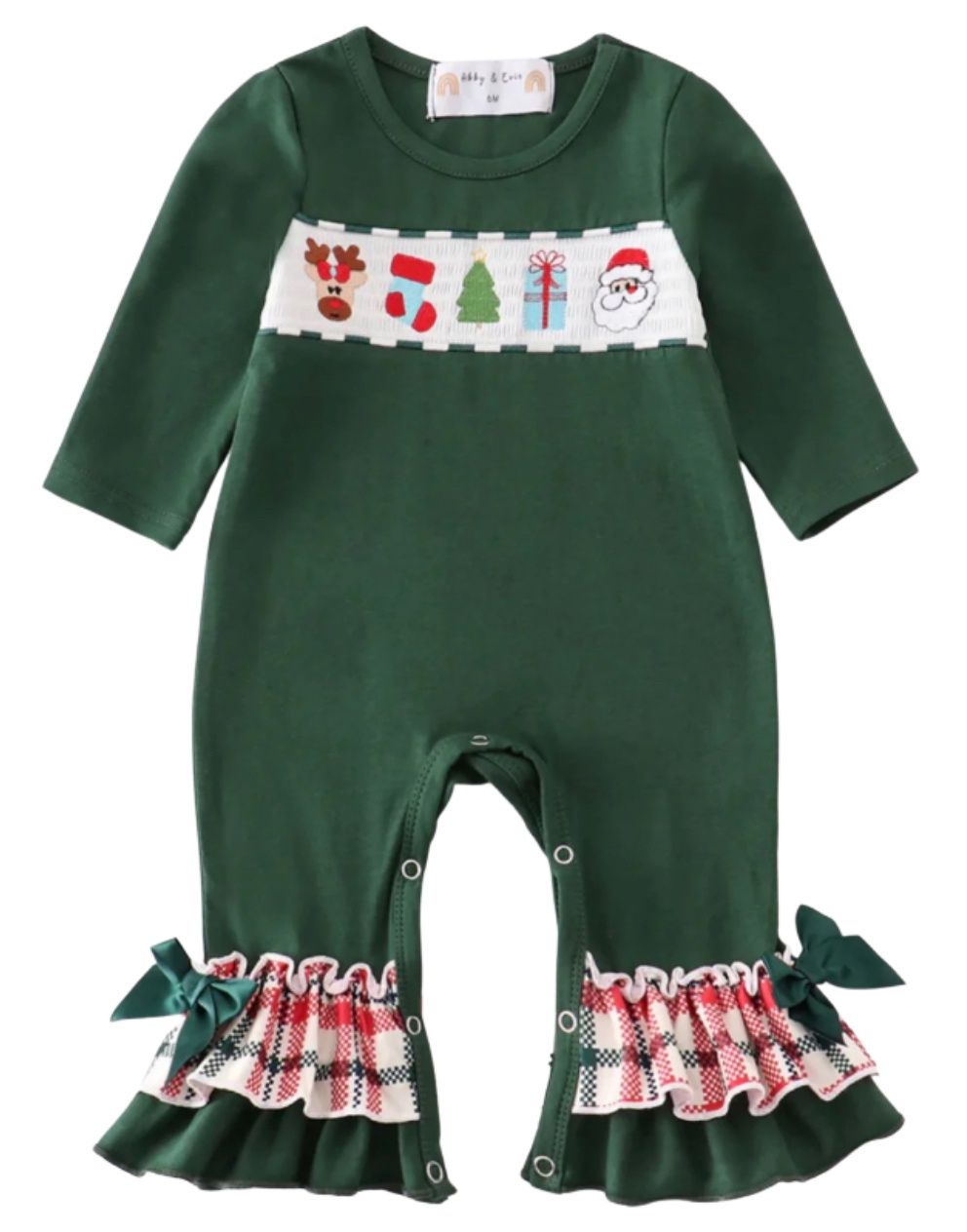 Smocked Green Christmas Ruffle Romper