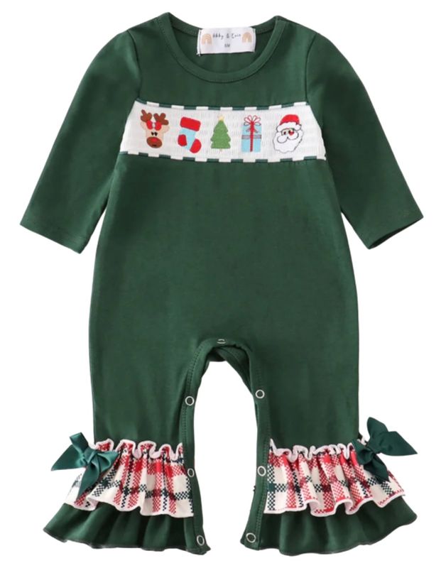 Smocked Green Christmas Ruffle Romper