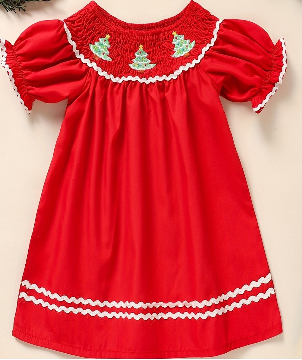 Red Smocked Christmas Tree Dress, Size: 12/18