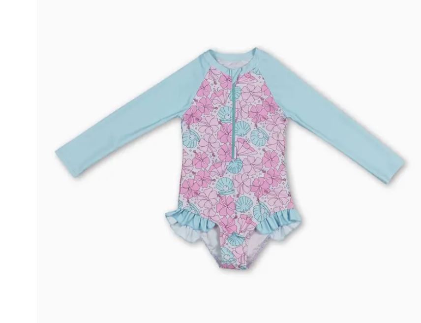 Shell Floral LS Swimsuit, Size: 3/6M