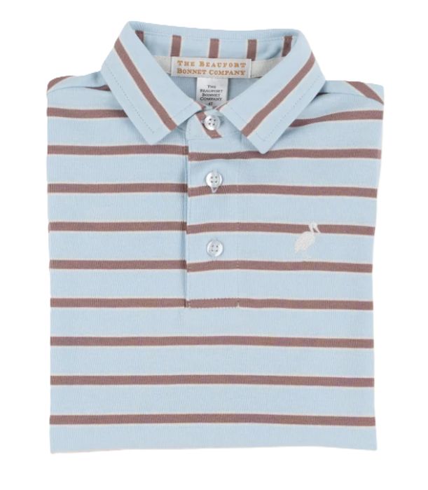 Prim &amp; Proper Polo-Buckhead Blue &amp; Gray Brown Stripe