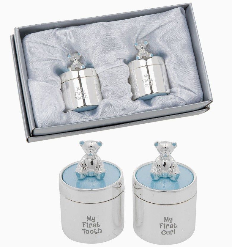 Blue Silver Teddy Bear First Tooth &amp; Curl Set