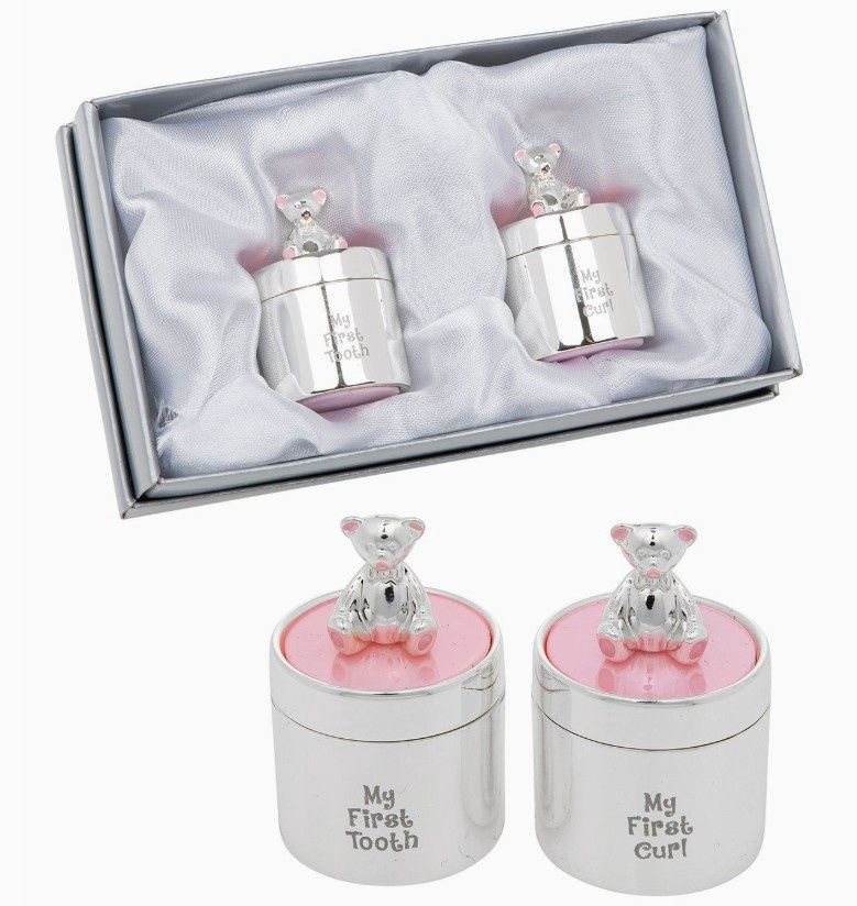 Pink Silver Enamel Teddy Bear First Tooth &amp; Curl Set