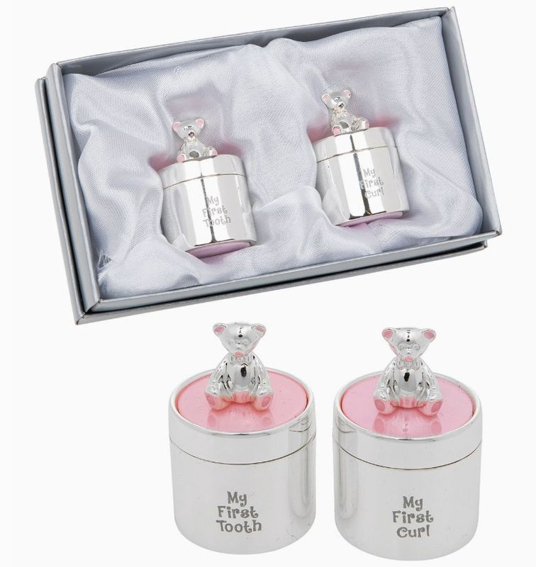 Pink Silver Enamel Teddy Bear First Tooth &amp; Curl Set