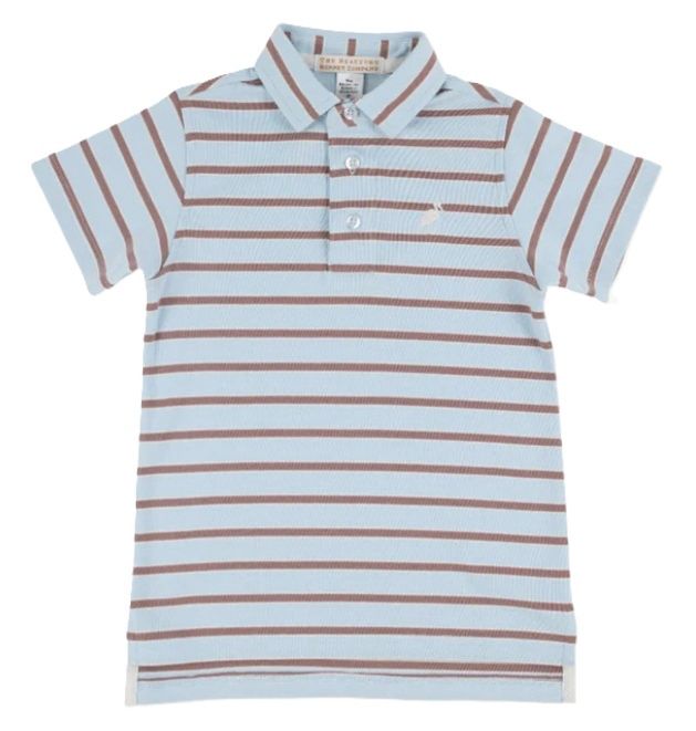Prim &amp; Proper Short Sleeve Polo-Buckhead Blue &amp; Gray Brown Stripe, Size: 2T