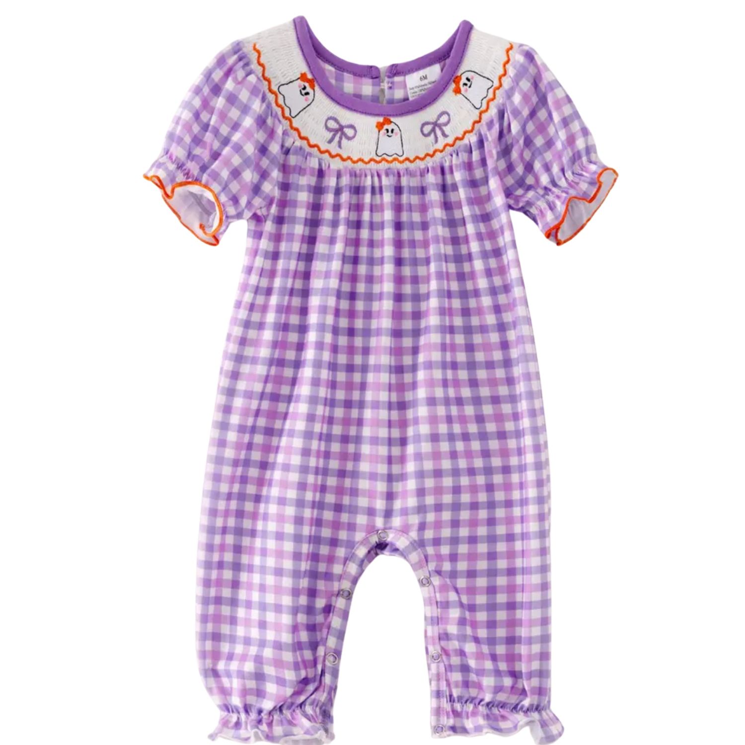 Smocked Purple Gingham Ghost Romper, Size: 6M