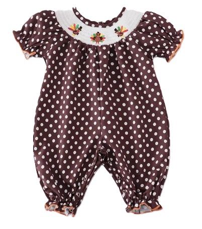 Smocked Polka Dot Brown Turkey Romper, Size: 6/12M