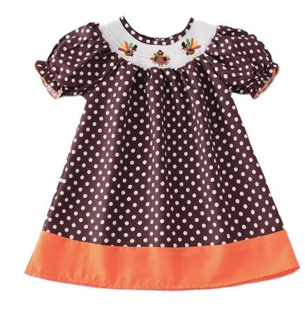 Smocked Brown Polka Dot Turkey Dress, Size: 2T