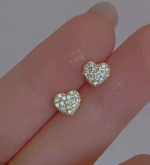 Sterling Silver Gold Tone Pave Heart Earrings