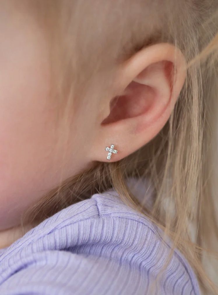 Sterling Silver Girls CZ Cross Earrings