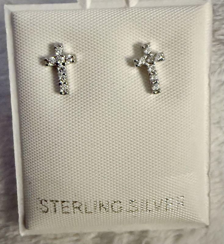 Sterling Silver Girls CZ Cross Earrings