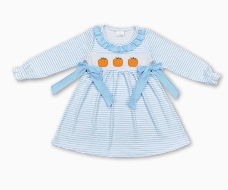 Blue LS Stripe Pumpkin Dress, Size: 2T