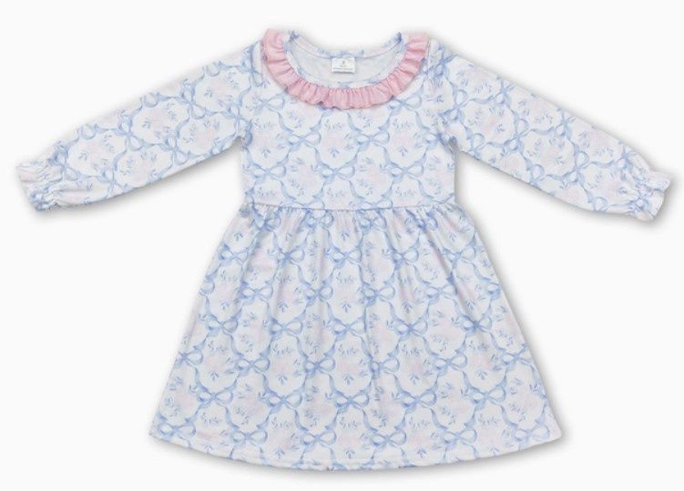 Blue LS Bow Roses Dress, Size: 2T