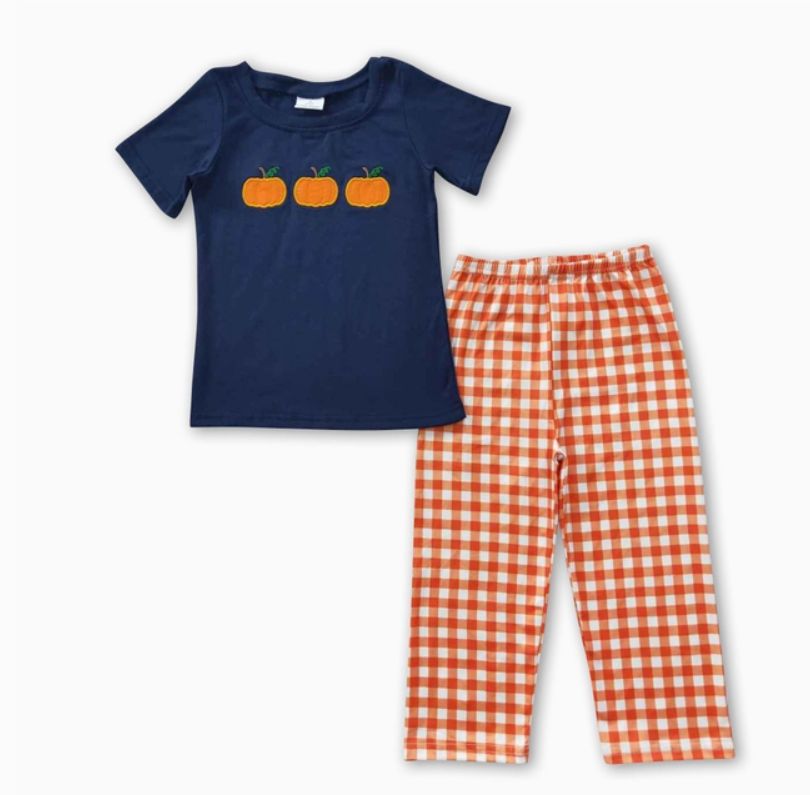 Navy Pumpkin App Long Pant Set, Size: 3T