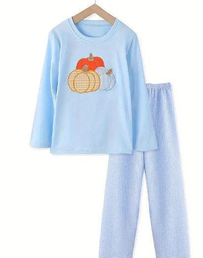 Blue App Pumpkin Seersucker Set, Size: 3/4T