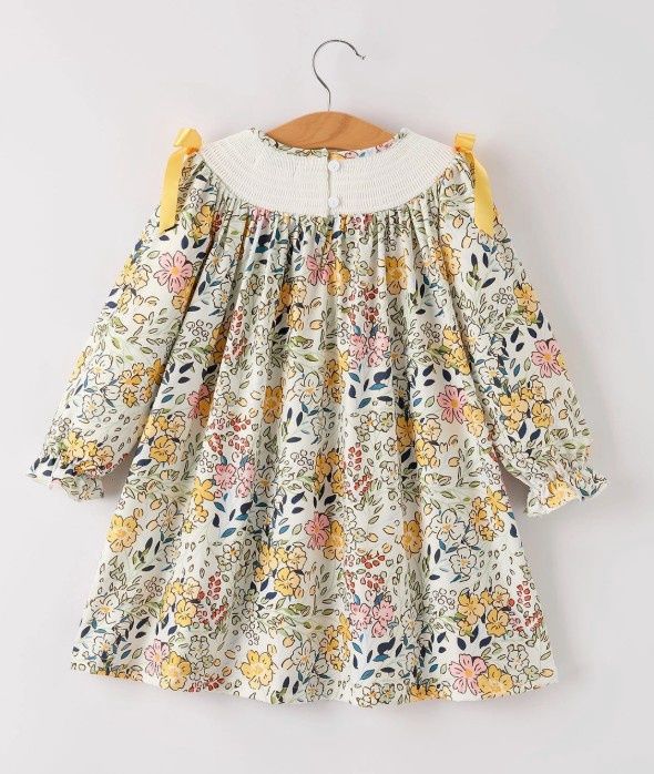 Fall Embrd Smocked Bow Floral Leaf Dress