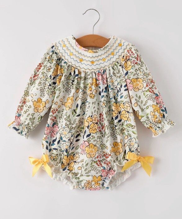 Fall Embrd Smocking Bow Floral Girls Romper