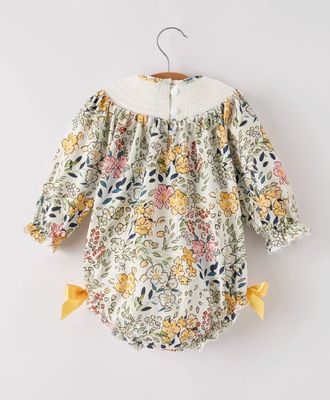 Fall Embrd Smocking Bow Floral Girls Romper