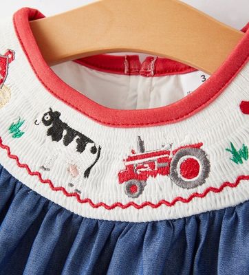 Girls Blue Farm Smocked Embrd Dress
