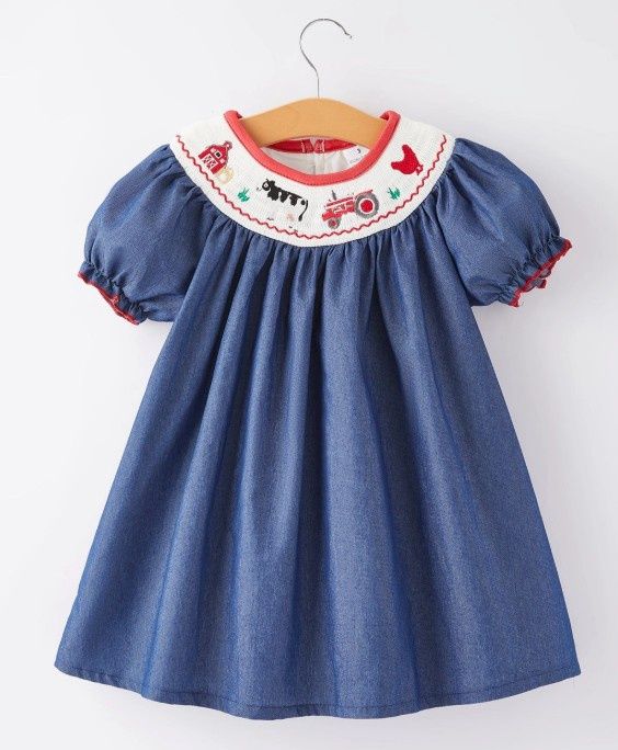 Girls Blue Farm Smocked Embrd Dress