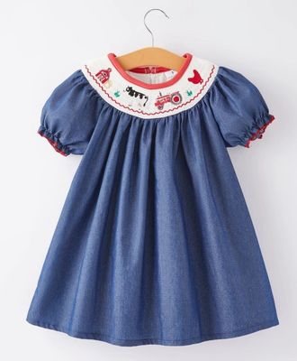 Girls Blue Farm Smocked Embrd Dress